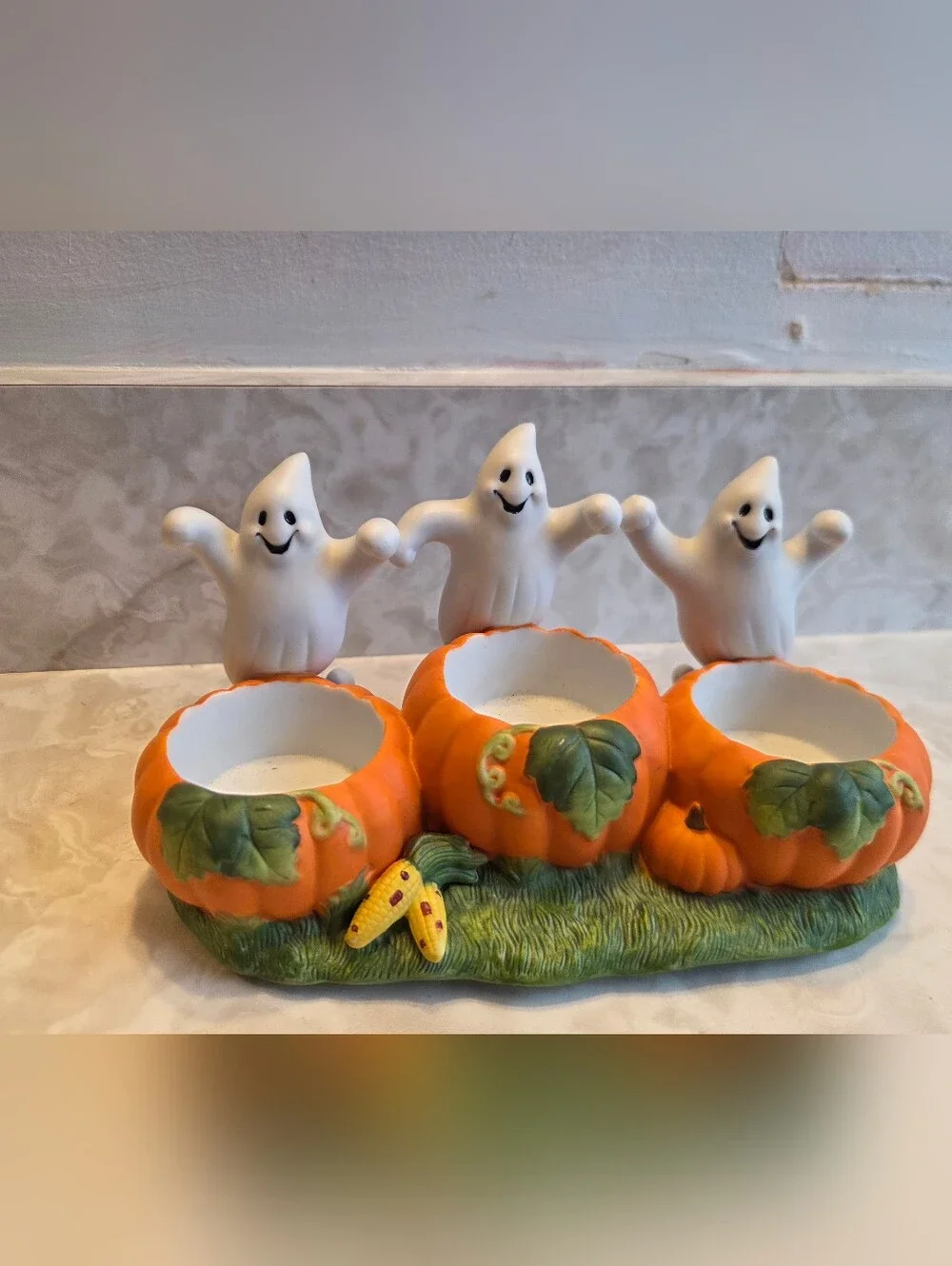 Vtg Halloween Partylite Ghost Pumpkin Trio Halloween Tealight Candle Holder